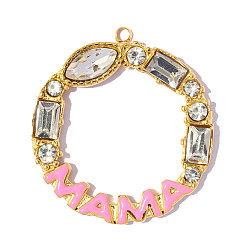 Hot Pink Mother's Day 304 Stainless Steel Pave Clear Cubic Zirconia Pendants, Ring with Word Mama Charm, with Enamel, Ion Plating(IP), Long-Lasting Plated, Real 18K Gold Plated, Hot Pink, 27x25mm