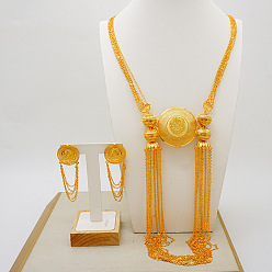 Плоский Круглый Многослойные ожерелья из сплава с подвесками и серьги-гвоздики, золотые, плоско-круглые, 500 мм