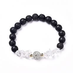 Кристалл Стрейч браслеты, с бусинами из натуральной лавы и кристаллами кварца, латунные бусины и бусины для дискотек с паве из страз, кристалл, внутренний диаметр: 2 дюйм (5.2 см)