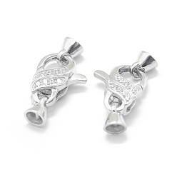 Platinum Rhodium Plated 925 Sterling Silver Lobster Claw Clasps, with Cubic Zirconia, Fold Over Clasps, with 925 Stamp, Clear, Platinum, 24.5mm, Clasp: 16x12x6mm, Cord End: 6x5mm, Inner Diameter: 4mm