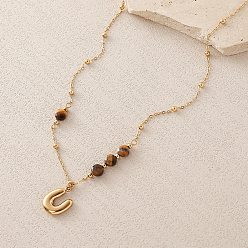Letter U Colliers pendentifs alphabet en œil de tigre naturel facetté européen 304 acier inoxydable, or, lettre u, 18.90 pouce (48 cm)