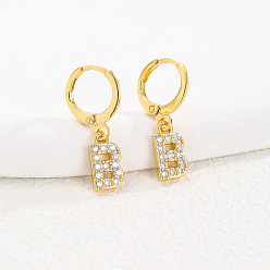 Letter B Латунные серьги-кольца из прозрачного кубического циркония, золотые, В письме, 25x8 мм