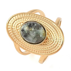 Африканский Бирюза(яшма) Овальные кольца на палец из натуральной африканской бирюзы (яшмы), ионное покрытие (ip) 304 манжеты из нержавеющей стали для женщин, пайки, реальный 14 k позолоченный, 24 мм, Камень: 11.5x9.5 мм, регулируемый