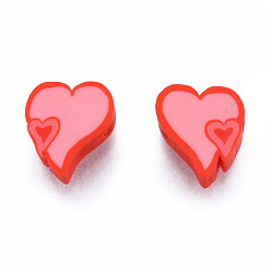 Red Handmade Polymer Clay Beads, Heart, Red, 9~10x9~9.5x4~4.5mm, Hole: 1.5mm