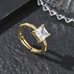 Oro Anillos de latón y circonita cúbica transparente, larga duración plateado, plaza, dorado, 8x8.5 mm, diámetro interior: 17 mm