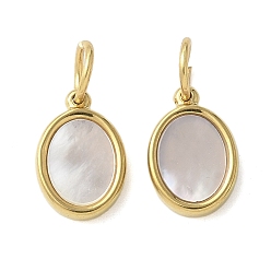 Настоящее золото 18K 304 Подвески из нержавеющей стали с покрытием из натуральной раковины пауа/белой раковины, ионное покрытие (IP), овальные, реальный 18 k позолоченный, 12x8x2 мм, отверстие : 4.5 мм