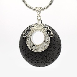 Black Platinum Plated Alloy Lava Rock Pi Disc Pendants, Flat Round, Black, 48x40x10mm, Hole: 7x5mm
