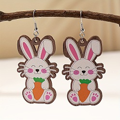 Кролик Деревянные серьги-подвески с пасхальным мультяшным рисунком, платина, кролик, 74x33 мм