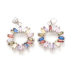 Platinum Brass Micro Pave Clear Cubic Zirconia Pendants, Long-Lasting Plated, Ring, Colorful, Platinum, 28x20x3mm, Hole: 5x4mm