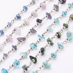 Mixed Stone Handmade Gemstone Chip Chains, Unwelded, with Iron Eye Pin and Brass Beads, 39.37 inch, 1m/strand