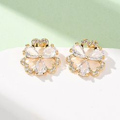 Real 18K Gold Plated Brass Micro Pave Cubic Zirconia Stud Earrings for Women, Flower, Real 18K Gold Plated, 13.5x14mm
