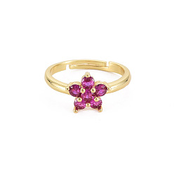 Violeta Rojo Medio Anillo ajustable con flor de cristal, joyas de latón chapado en oro real 18k para mujer, sin plomo y cadmio, rojo violeta medio, tamaño de EE. UU. 7 1/4 (17.5 mm)