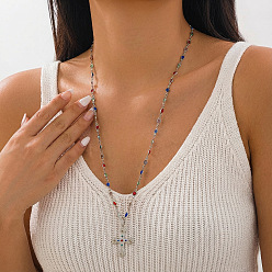 Платина Религиозный кулон в виде креста из сплава, Латунные разноцветные цепочки-лариаты с звеньями из стекла для женщин, платина, 25.98 дюйм (66 см)