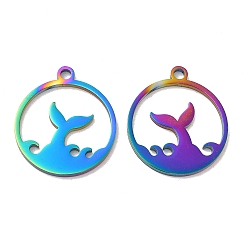 Rainbow Color Ion Plating(IP) 304 Stainless Steel Pendants, Flat Round with Fishtail Charm, Rainbow Color, 20x17.5x1.5mm, Hole: 1.8mm