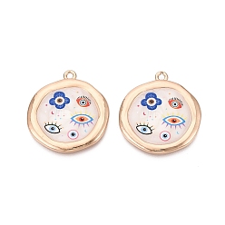 Разноцветный Печатные эмали подвески сплава, плоские круглые амулеты, амулеты от сглаза и цветочные амулеты, стойки покрытие, без кадмия и без свинца и без никеля, золотые, красочный, 33x30x2~3 мм, отверстие : 2 мм