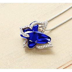 Средно-синий Бабочка латунный паве стеклянный камень ожерелья с подвеской, платина, светло-синий, 17.72 дюйм (45 см)