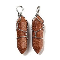 Камень с Пылевым Золотом Подвески с двойным наконечником из синтетического золота, граненые подвески-пули, обернутые железной проволокой с платиновым покрытием, 42~46x10x13 мм, отверстие : 6~7x4.5~5.5 мм