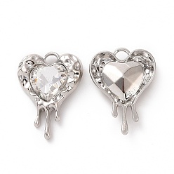 Прозрачный Стеклянные подвески из сплава с покрытием стойки, без кадмия, без свинца и без никеля, платиновый оттенок тающих сердечных прелестей, прозрачные, 24x17x5 мм, отверстие : 2.5 мм