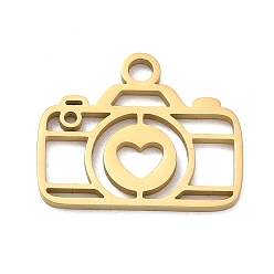Plaqué 18K Or Véritable Pendentifs en acier inoxydable, appareil photo avec breloques en forme de cœur, découper, placage ionique (ip), réel 304 k plaqué or, 18mm, Trou: 16x20x1.3mm