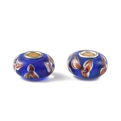 Blue Lampwork & Brass Core European Beads, Large Hole Beads, Rondelle with Flower, Blue, 15x7.5mm, Hole: 4mm