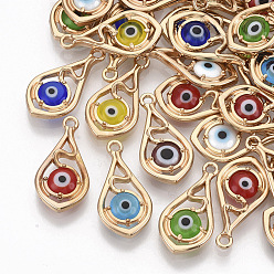 Mixed Color Eco-Friendly Alloy Pendants, with Glass Evil Eye, Nickel Free, Teardrop, Mixed Color, Golden, 21x11x3mm, Hole: 1.6mm