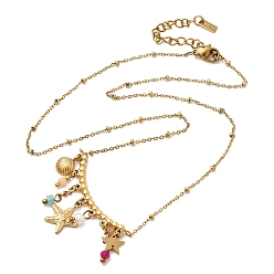 Настоящее золото 18K 304 Женские подвески-нагрудники в форме морской звезды из нержавеющей стали, с имитацией жемчуга из АБС и стеклом, ионное покрытие (ip), красочный, реальный 18 k позолоченный, 16.73 дюйм (42.5 см)