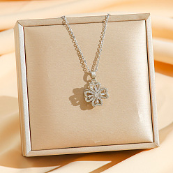 Нержавеющая Сталь Цвет Латунные микропаве прозрачные кубические цирконии вращающиеся ожерелья с подвеской в виде клевера, 304 ожерелья-цепочки из нержавеющей стали, цвет нержавеющей стали, 15.83 дюйм (40.2 см)