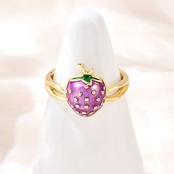 Фиолетовый Кольца-манжеты с фруктами и клубникой из латуни, реальный 18 k позолоченный, стойки покрытие, долговечный, без кадмия и без свинца, фиолетовые, внутренний диаметр: регулируемый, клубника: 13.5x9.5 мм