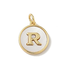 Letter R Латунный паве натуральный ракушка плоский круглый с буквенными подвесками, реальный 18 k позолоченный, долговечный, без свинца и без кадмия, стойки покрытие, цвет морской раковины, Буква R, 15x13x2 мм, отверстие : 3 мм