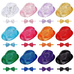 Mixed Color 24Pcs Adjustable Polyester Bow Ties & Cotton Sequin Hat Sets, with Paillette, Bowknot Necktie, Mixed Color, 475mm