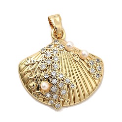 Настоящее золото 18K Латунные микро проложить кубического циркония подвески, формы раковины, с пластмассовой жемчужиной abs, долговечный, стойки покрытие, без свинца и без кадмия, реальный 18 k позолоченный, 20.5x21.5x4.5 мм, отверстие : 4.5x2.5 мм