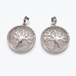 Хрусталь Природного кварца хрустальных подвесок, с латунной найти, плоские круглые с дерева жизни, платина, 31x27x6 мм, отверстие : 5x8 мм