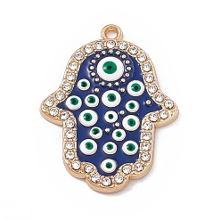 Light Gold Alloy Enamel Pendants, with Crystal Rhinestone, Green Hamsa Hand with Evil Eye Charm, Light Gold, 34x26x2mm, Hole: 1.8mm