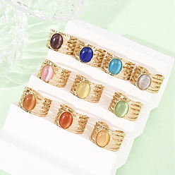 (52) Непрозрачная лаванда 304 Кольца-манжеты из нержавеющей стали со стеклянными вставками в форме кошачьего глаза для женщин, овальные, ионное покрытие (ip), реальный 18 k позолоченный, разноцветные, 13 мм, размер США 6 3/4 (17.1 мм)