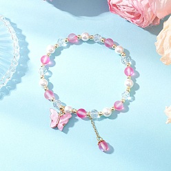 Темно-Розовый Браслеты из круглых бусин из матового синтетического лунного камня и ракушечного жемчуга, браслеты с подвесками в виде бабочки из сплава и акрила для женщин, темно-розовыми, внутренний диаметр: 2-1/8 дюйм (5.5 см)