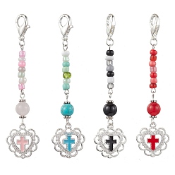 Platinum 4Pcs Glass Seed Bead Pendant Decorations, with Alloy Enamel Heart Charms and Gemstone, Platinum, 86mm, 4pcs/set