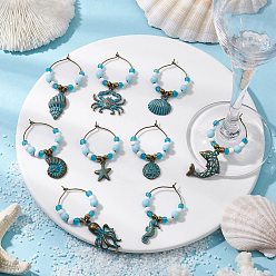 Mixed Shapes Подвески для бокалов из сплава морских животных, со стеклянными бусинами и фурнитурой в виде железных колец, разнообразные, 47~62 мм, 9 шт / комплект