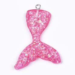 Темно-Розовый Подвески из смолы, с порошком блеска и железом, форма хвоста русалки, платина, темно-розовыми, 46x30x6 мм, отверстие : 2 мм