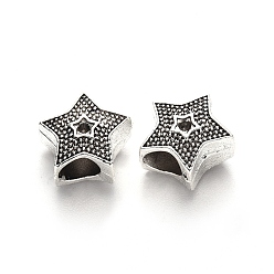 Античное Серебро Тибетский стиль сплава настройки европейского бисера горный хрусталь, бусины с большим отверстием, без свинца, звезда, античное серебро, пригодный для 1.4 мм горный хрусталь, 10.5x11.5x6.5 мм, Отверстие : 4.5 мм , около 590 шт / 1000 г