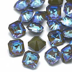 Olivine Pointed Back K9 Glass Rhinestone Cabochons, Mocha Fluorescent Style, Back Plated, Fluorescent, Octagon, Olivine, 8x8x5.5mm