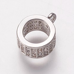 Platinum Brass Cubic Zirconia Tube Bails, Loop Bails, Bail Beads, Ring, Clear, Platinum, 9.5x7.5x4mm, Hole: 1mm