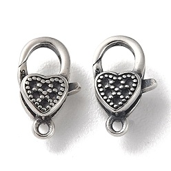 Античное Серебро 925 Застежка-когти омара из Таиланда, стерлинговое серебро, стразы, сердце, с печатью 925, античное серебро, пригодный для стразов 0.9 мм, 12.5x7.5x4 мм, отверстие : 1.2 мм