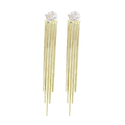 Golden Cubic Zirconia Chains Tassel Earrings, Brass Dangle Stud Earrings, Golden, 102x12mm