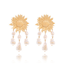 Golden Alloy Imitation Pearl Sunflower Tassel Chandelier Earrings for Women, Golden, 89x38mm