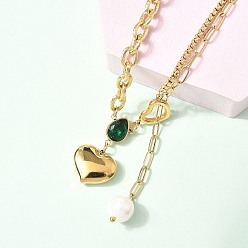 Настоящее золото 18K 304 ожерелья из нержавеющей стали с зеленым кубическим цирконием в форме сердца для женщин, с пластиковой жемчужины, реальный 18 k позолоченный, 16.73 дюйм (42.5 см)