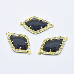 Black Brass Micro Pave Cubic Zirconia Links, with Glass, Faceted, Rhombus, Golden, Black, 33x20x5mm, Hole: 1.6mm