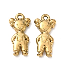 Real 18K Gold Plated 304 Stainless Steel Pendants, Girl with Overalls Charms, Ion Plating(IP), Real 18K Gold Plated, 23x11x3mm, Hole: 1.6mm