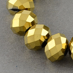 Golden Plated Electroplate Glass Bead Strands, Faceted, Rondelle, Golden Plated, 12x8~9mm, Hole: 1.5mm, about 72pcs/strand, 24 inch