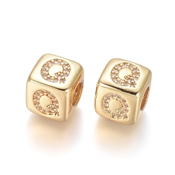 Letter Q Латунные микро проложить Цирконий Европейский бисером, горизонтальное отверстие, бусины с большим отверстием, долговечный, куб с письмом, золотые, прозрачные, letter.q, 9x9x9.5 мм, отверстие : 4.5 мм