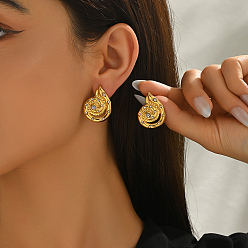 Otros 201 Pendientes de botón de acero inoxidable con circonitas cúbicas engastadas para mujer, dorado, la forma de la concha, 27x21 mm
